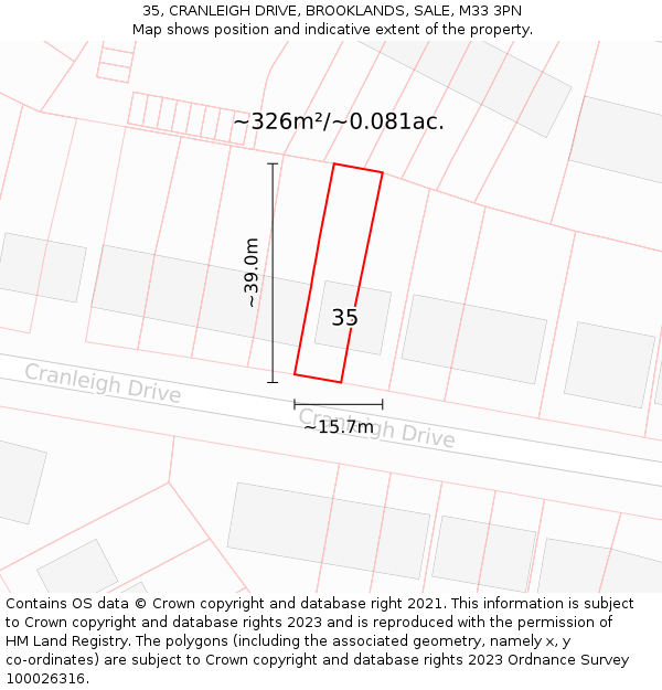35, CRANLEIGH DRIVE, BROOKLANDS, SALE, M33 3PN: Plot and title map