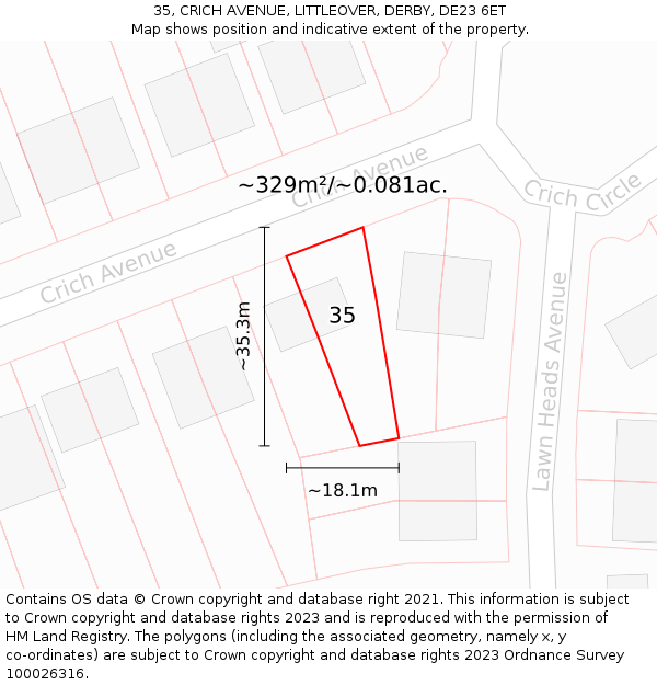 35, CRICH AVENUE, LITTLEOVER, DERBY, DE23 6ET: Plot and title map