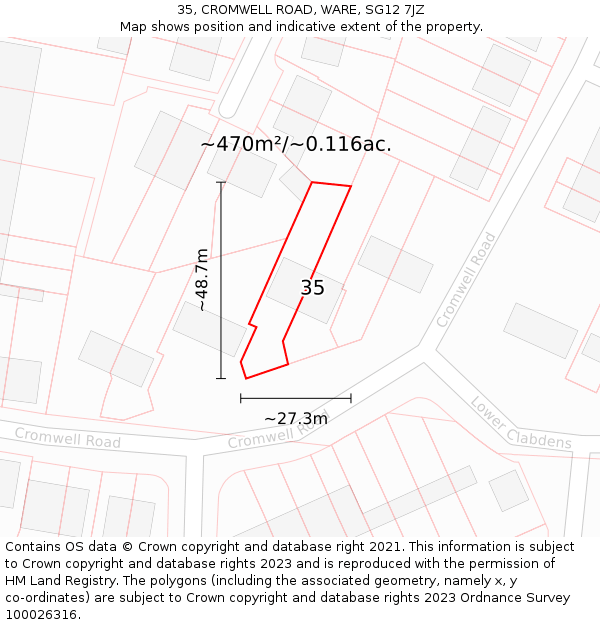 35, CROMWELL ROAD, WARE, SG12 7JZ: Plot and title map