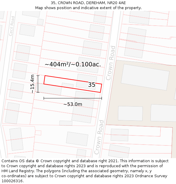 35, CROWN ROAD, DEREHAM, NR20 4AE: Plot and title map