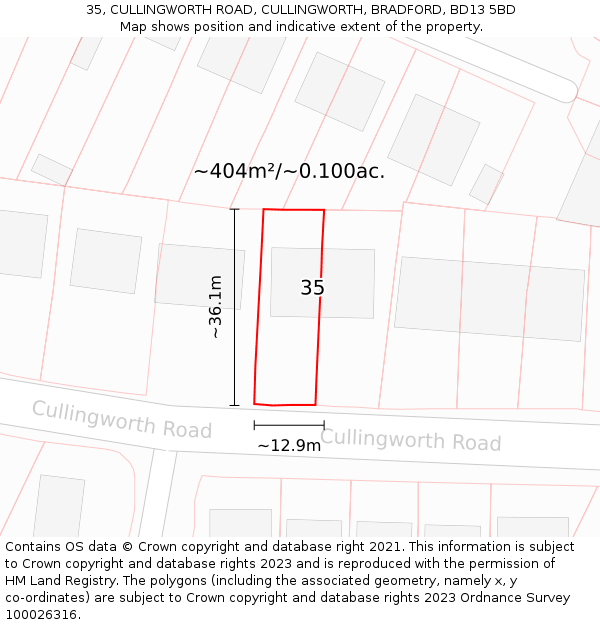 35, CULLINGWORTH ROAD, CULLINGWORTH, BRADFORD, BD13 5BD: Plot and title map