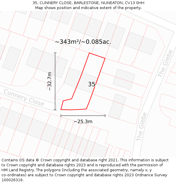 35, CUNNERY CLOSE, BARLESTONE, NUNEATON, CV13 0HH: Plot and title map