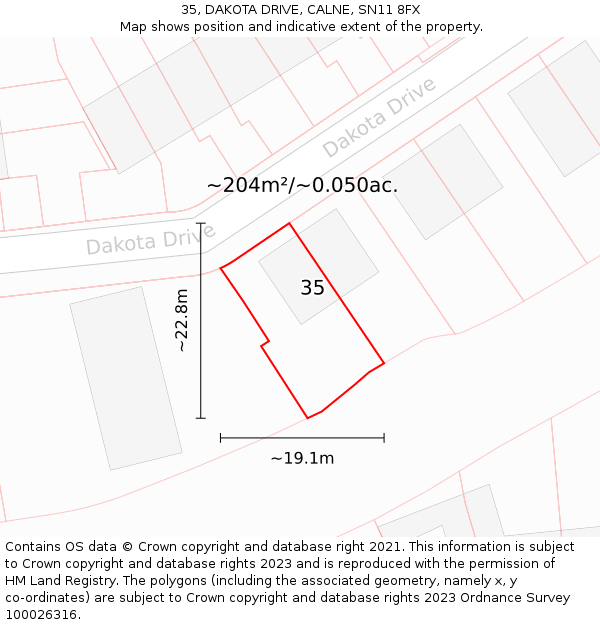 35, DAKOTA DRIVE, CALNE, SN11 8FX: Plot and title map