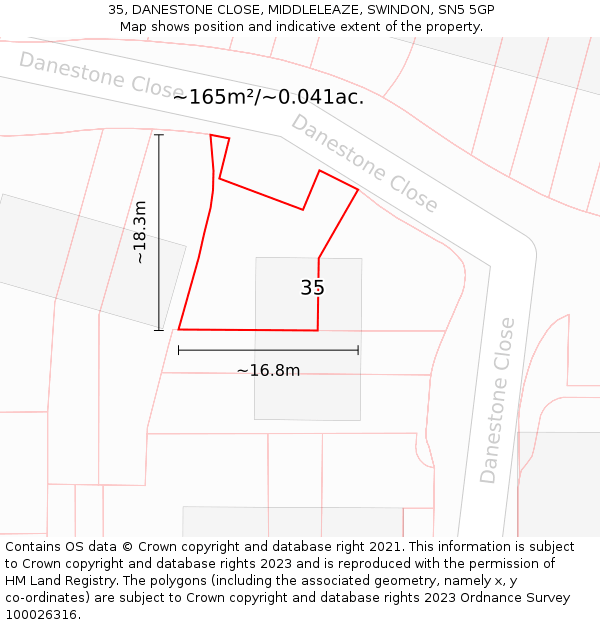 35, DANESTONE CLOSE, MIDDLELEAZE, SWINDON, SN5 5GP: Plot and title map