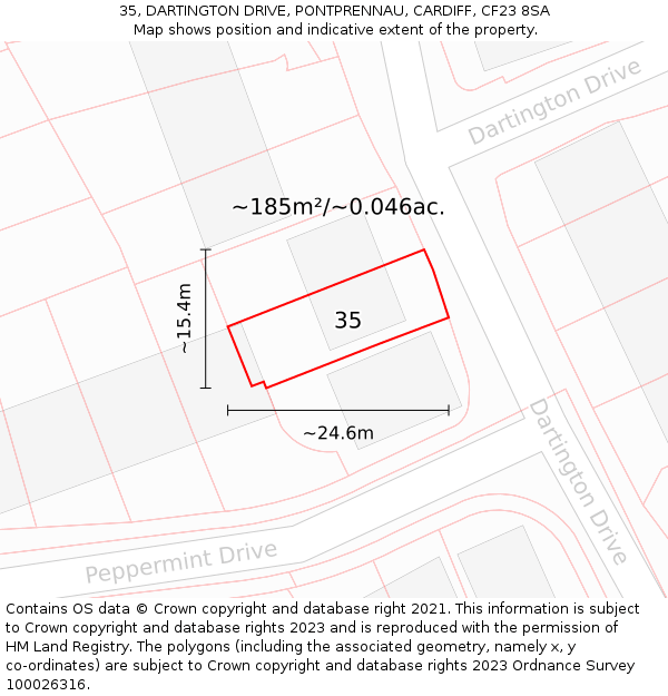 35, DARTINGTON DRIVE, PONTPRENNAU, CARDIFF, CF23 8SA: Plot and title map