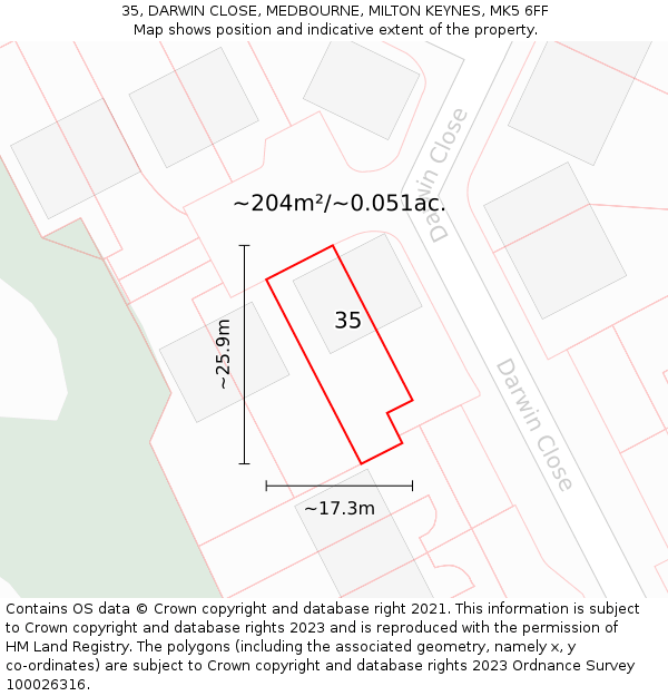 35, DARWIN CLOSE, MEDBOURNE, MILTON KEYNES, MK5 6FF: Plot and title map