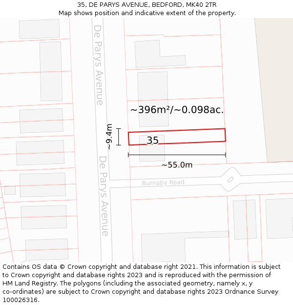 35, DE PARYS AVENUE, BEDFORD, MK40 2TR: Plot and title map