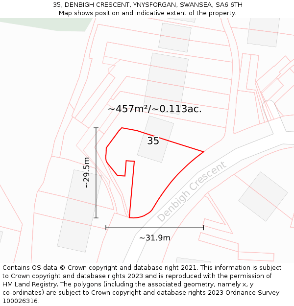 35, DENBIGH CRESCENT, YNYSFORGAN, SWANSEA, SA6 6TH: Plot and title map