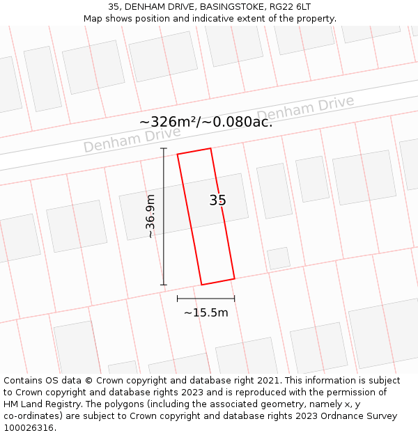 35, DENHAM DRIVE, BASINGSTOKE, RG22 6LT: Plot and title map