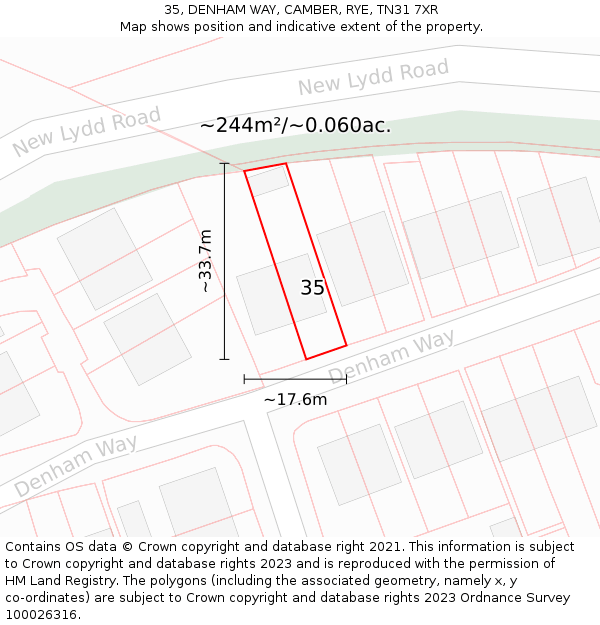35, DENHAM WAY, CAMBER, RYE, TN31 7XR: Plot and title map