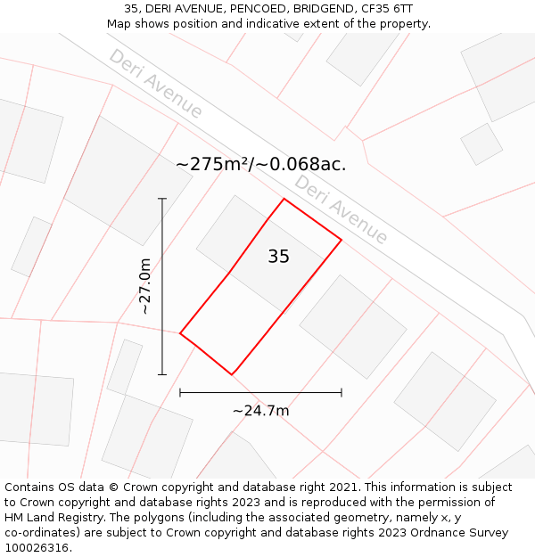 35, DERI AVENUE, PENCOED, BRIDGEND, CF35 6TT: Plot and title map