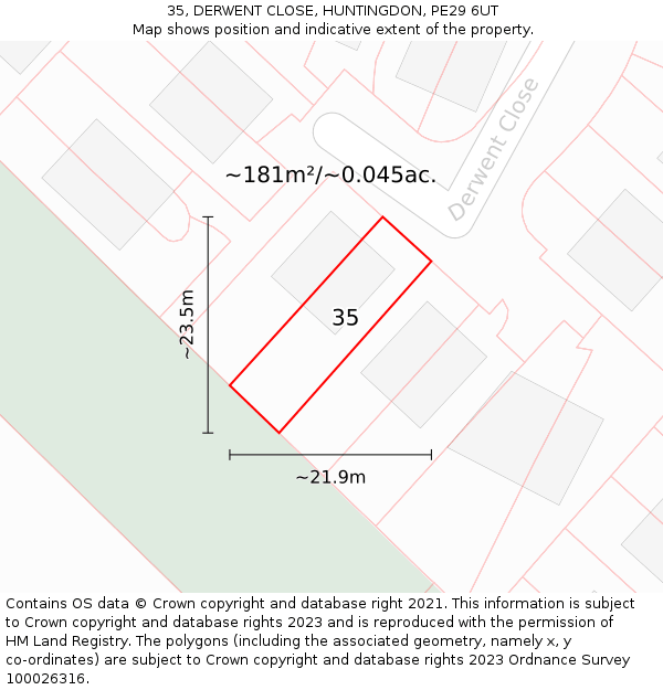 35, DERWENT CLOSE, HUNTINGDON, PE29 6UT: Plot and title map
