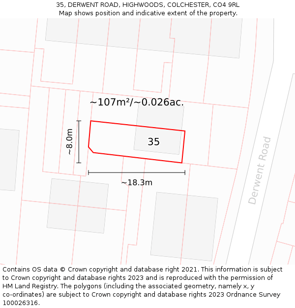 35, DERWENT ROAD, HIGHWOODS, COLCHESTER, CO4 9RL: Plot and title map