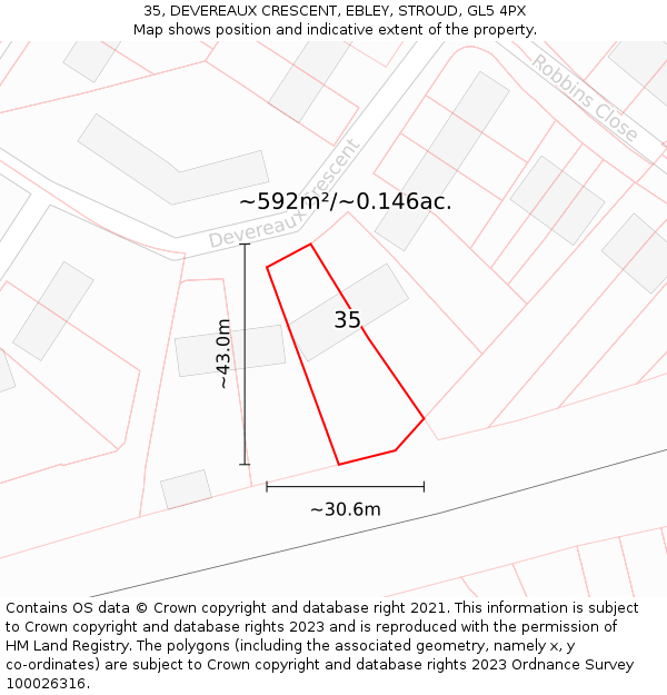 35, DEVEREAUX CRESCENT, EBLEY, STROUD, GL5 4PX: Plot and title map