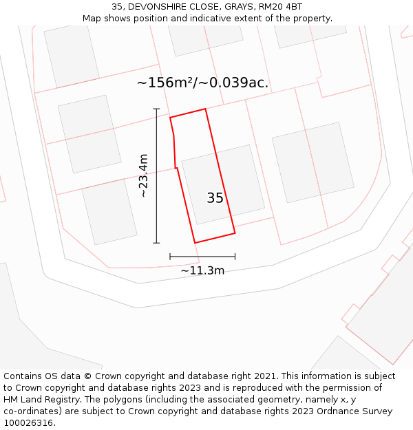 35, DEVONSHIRE CLOSE, GRAYS, RM20 4BT: Plot and title map