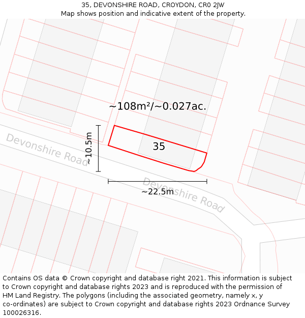 35, DEVONSHIRE ROAD, CROYDON, CR0 2JW: Plot and title map