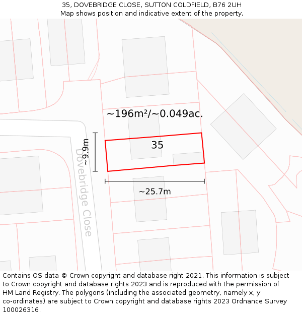 35, DOVEBRIDGE CLOSE, SUTTON COLDFIELD, B76 2UH: Plot and title map