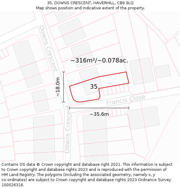 35, DOWNS CRESCENT, HAVERHILL, CB9 9LQ: Plot and title map