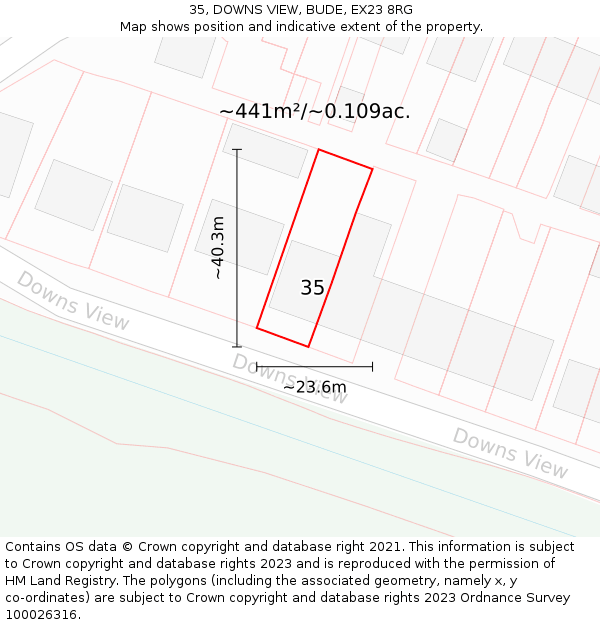 35, DOWNS VIEW, BUDE, EX23 8RG: Plot and title map