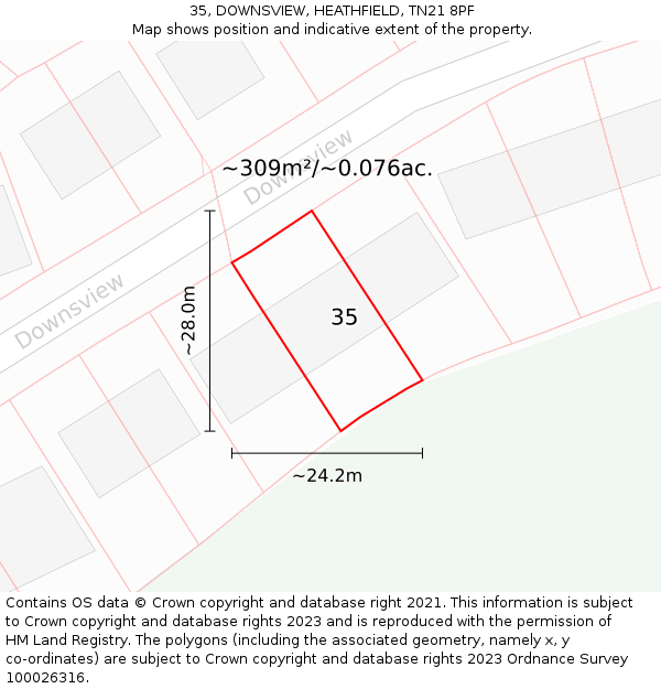 35, DOWNSVIEW, HEATHFIELD, TN21 8PF: Plot and title map