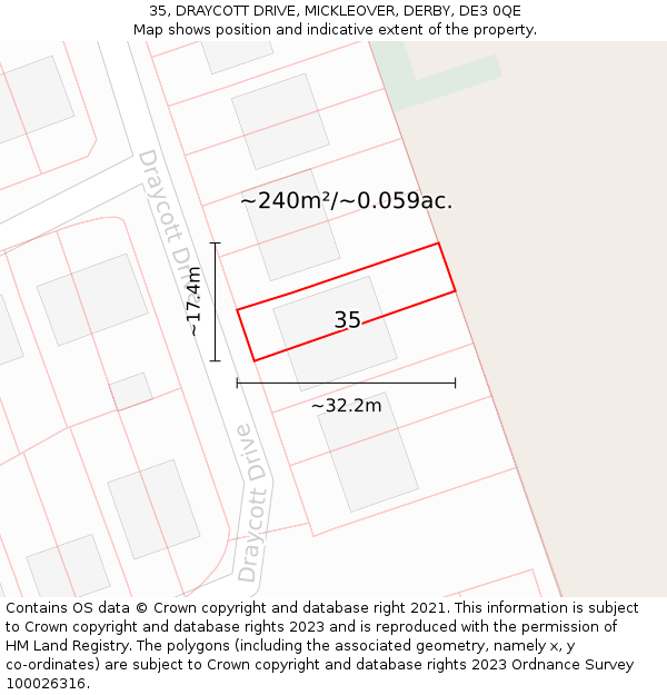 35, DRAYCOTT DRIVE, MICKLEOVER, DERBY, DE3 0QE: Plot and title map