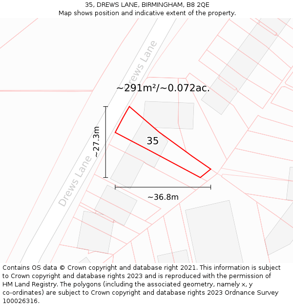 35, DREWS LANE, BIRMINGHAM, B8 2QE: Plot and title map