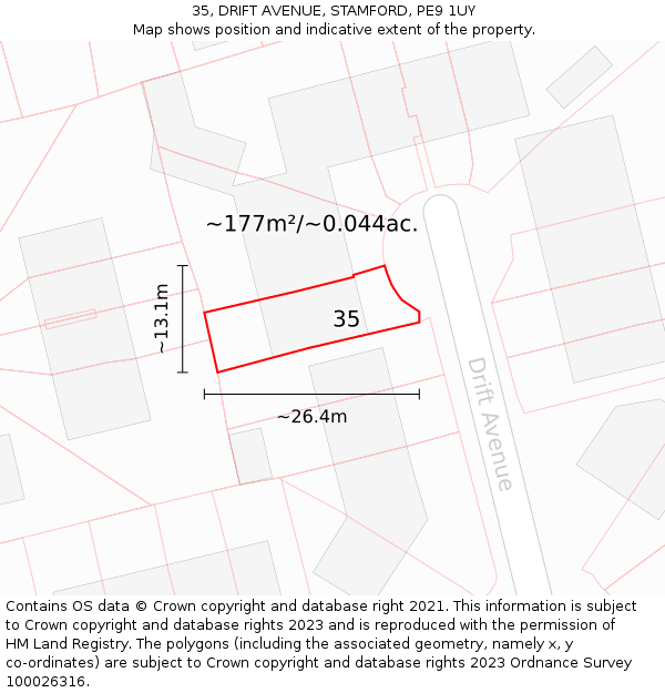 35, DRIFT AVENUE, STAMFORD, PE9 1UY: Plot and title map