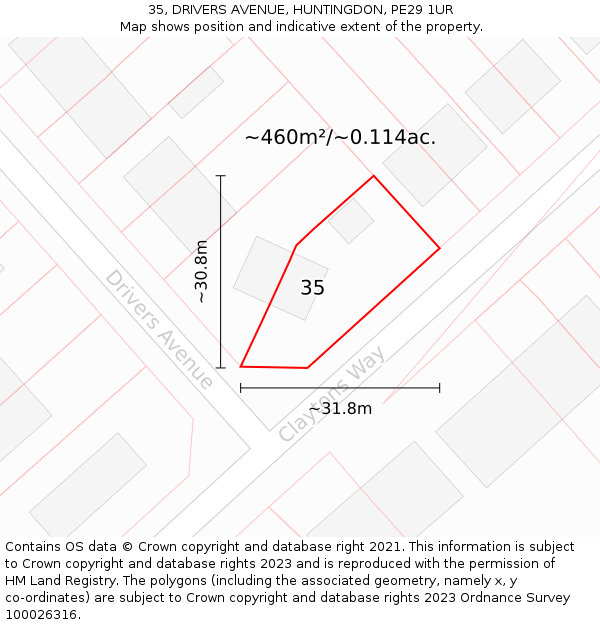 35, DRIVERS AVENUE, HUNTINGDON, PE29 1UR: Plot and title map