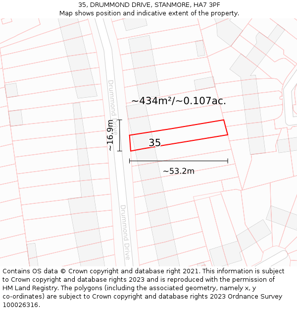 35, DRUMMOND DRIVE, STANMORE, HA7 3PF: Plot and title map