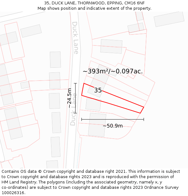 35, DUCK LANE, THORNWOOD, EPPING, CM16 6NF: Plot and title map
