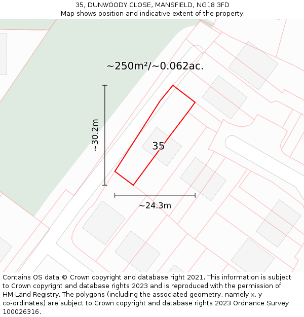 35, DUNWOODY CLOSE, MANSFIELD, NG18 3FD: Plot and title map