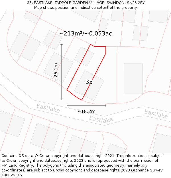 35, EASTLAKE, TADPOLE GARDEN VILLAGE, SWINDON, SN25 2RY: Plot and title map
