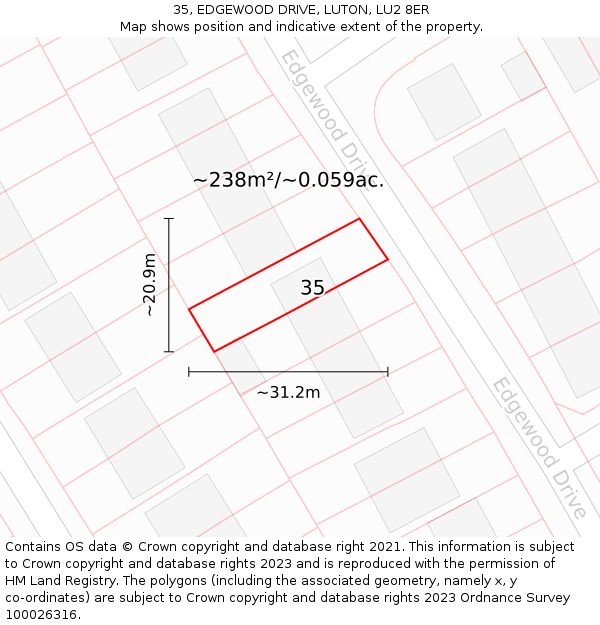 35, EDGEWOOD DRIVE, LUTON, LU2 8ER: Plot and title map