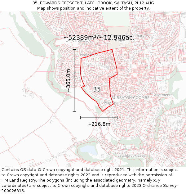 35, EDWARDS CRESCENT, LATCHBROOK, SALTASH, PL12 4UG: Plot and title map