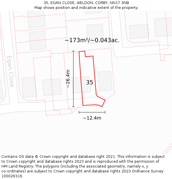 35, EGAN CLOSE, WELDON, CORBY, NN17 3NB: Plot and title map