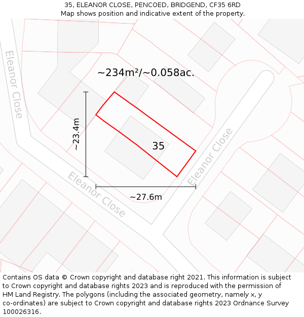 35, ELEANOR CLOSE, PENCOED, BRIDGEND, CF35 6RD: Plot and title map