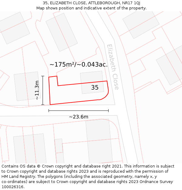 35, ELIZABETH CLOSE, ATTLEBOROUGH, NR17 1QJ: Plot and title map
