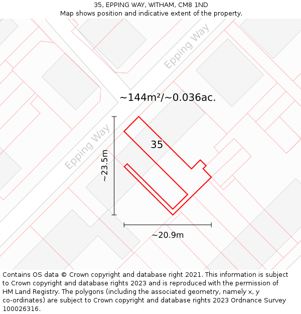 35, EPPING WAY, WITHAM, CM8 1ND: Plot and title map