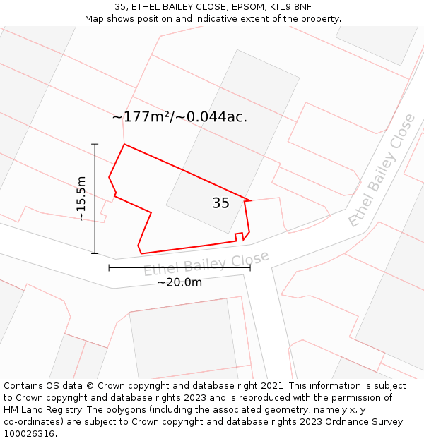 35, ETHEL BAILEY CLOSE, EPSOM, KT19 8NF: Plot and title map