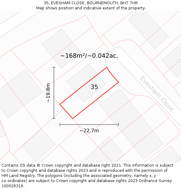 35, EVESHAM CLOSE, BOURNEMOUTH, BH7 7HR: Plot and title map