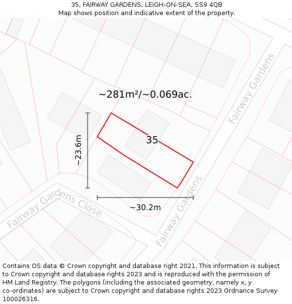 35, FAIRWAY GARDENS, LEIGH-ON-SEA, SS9 4QB: Plot and title map