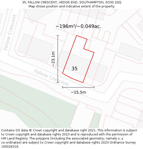 35, FALLOW CRESCENT, HEDGE END, SOUTHAMPTON, SO30 2QQ: Plot and title map