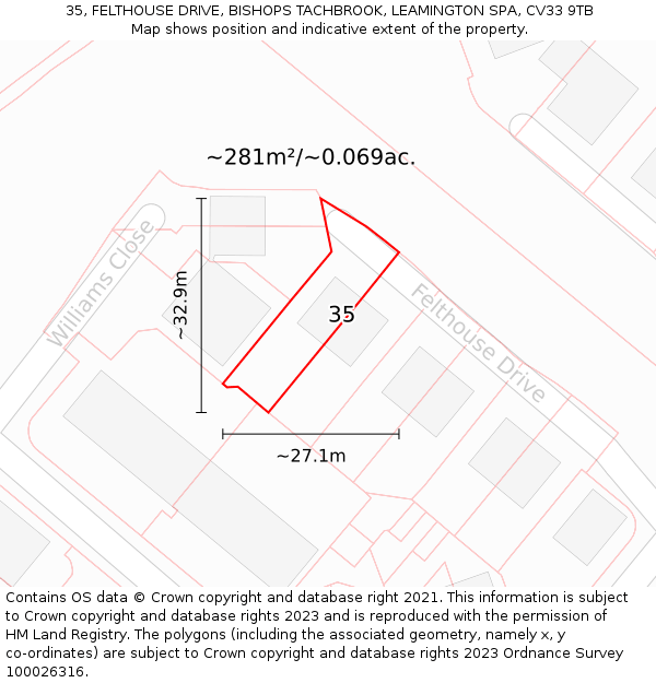 35, FELTHOUSE DRIVE, BISHOPS TACHBROOK, LEAMINGTON SPA, CV33 9TB: Plot and title map