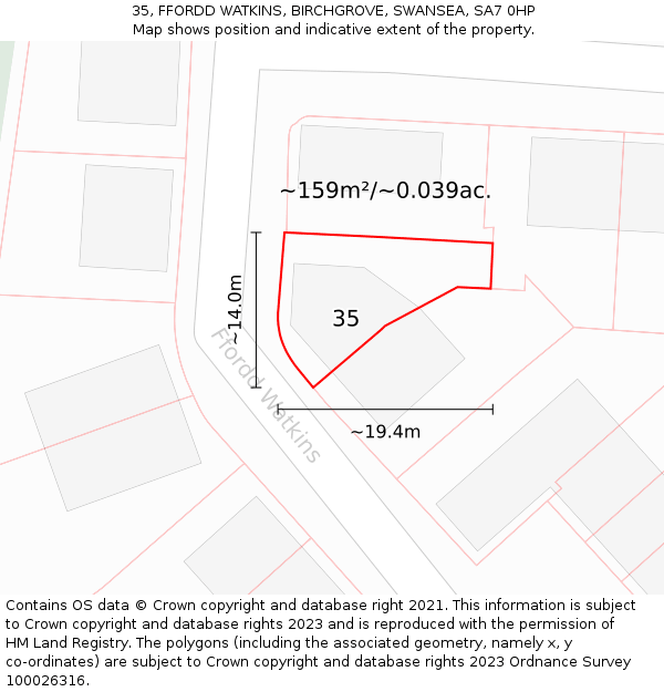 35, FFORDD WATKINS, BIRCHGROVE, SWANSEA, SA7 0HP: Plot and title map