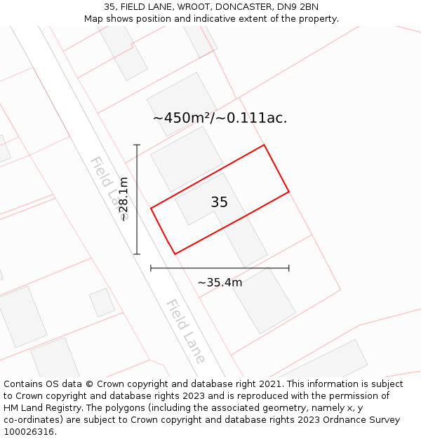 35, FIELD LANE, WROOT, DONCASTER, DN9 2BN: Plot and title map