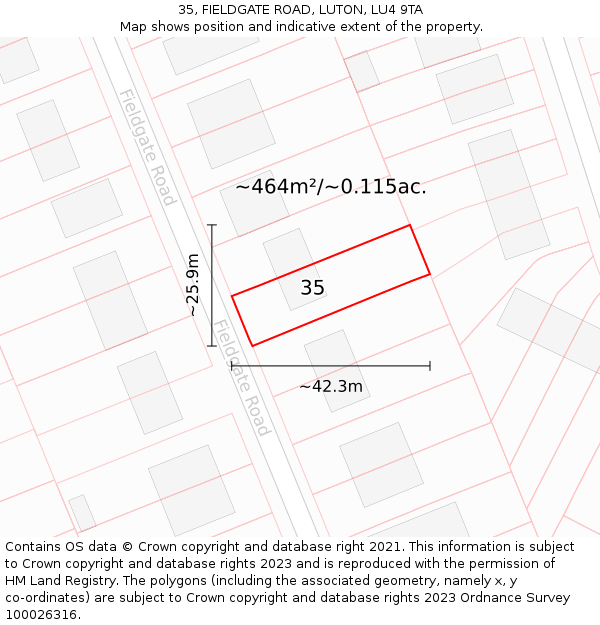 35, FIELDGATE ROAD, LUTON, LU4 9TA: Plot and title map