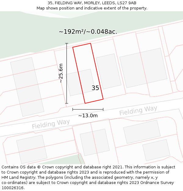 35, FIELDING WAY, MORLEY, LEEDS, LS27 9AB: Plot and title map