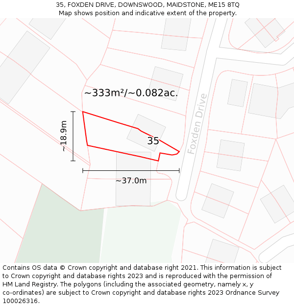 35, FOXDEN DRIVE, DOWNSWOOD, MAIDSTONE, ME15 8TQ: Plot and title map