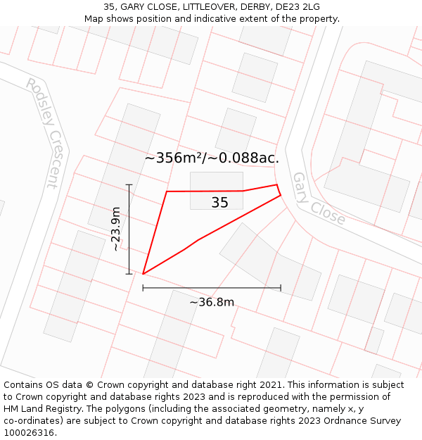 35, GARY CLOSE, LITTLEOVER, DERBY, DE23 2LG: Plot and title map