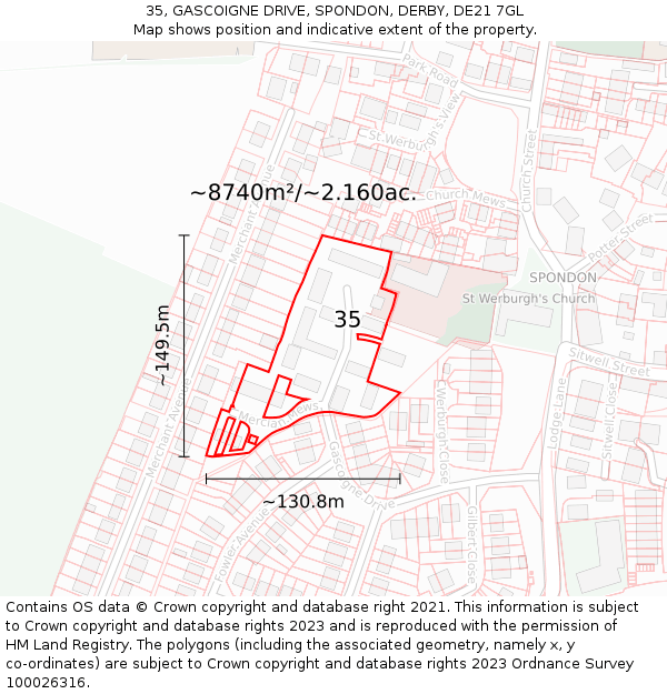 35, GASCOIGNE DRIVE, SPONDON, DERBY, DE21 7GL: Plot and title map